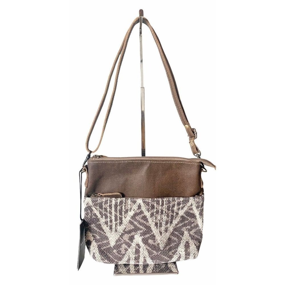 Myra Bag Leather and Canvas Coffee Small Crossbody Purse